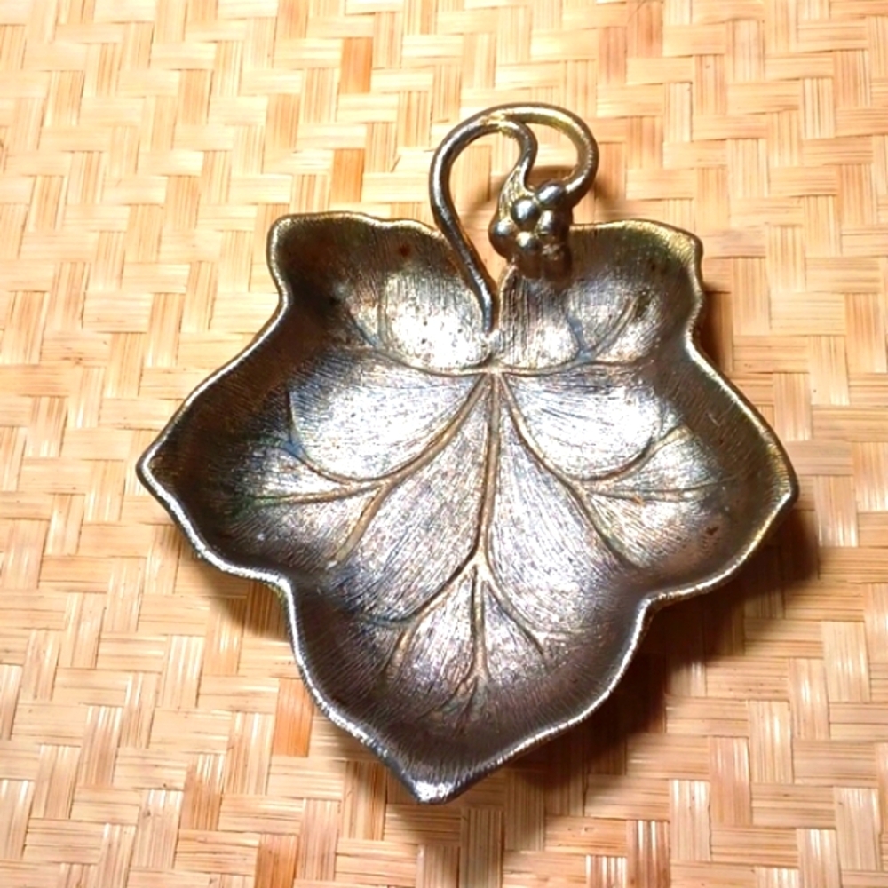 Vintage Gold Coated Metal Trinket Holder Leaf